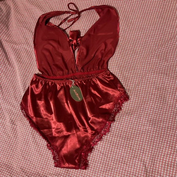 AVID LOVE Silky Satin Lace Halter Teddy Bodysuit One Piece Burgundy Womens Small - Picture 12 of 16